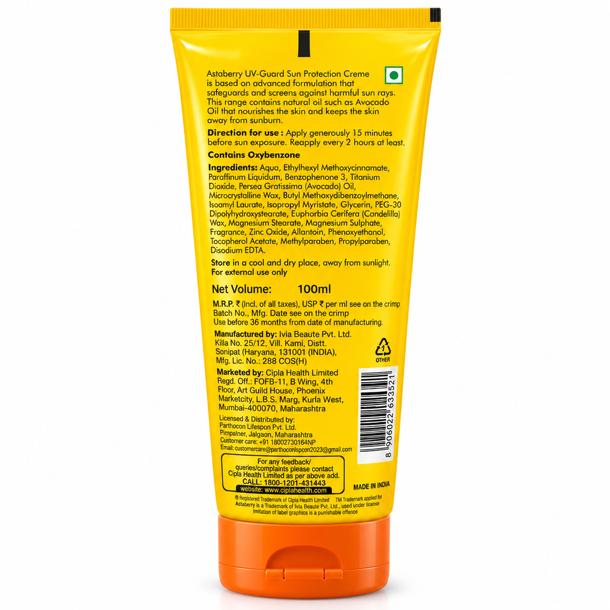 Astaberry UV Guard SPF 50 PA+++ Sunscreen 100ml – back label showing ingredients, directions and manufacturer information