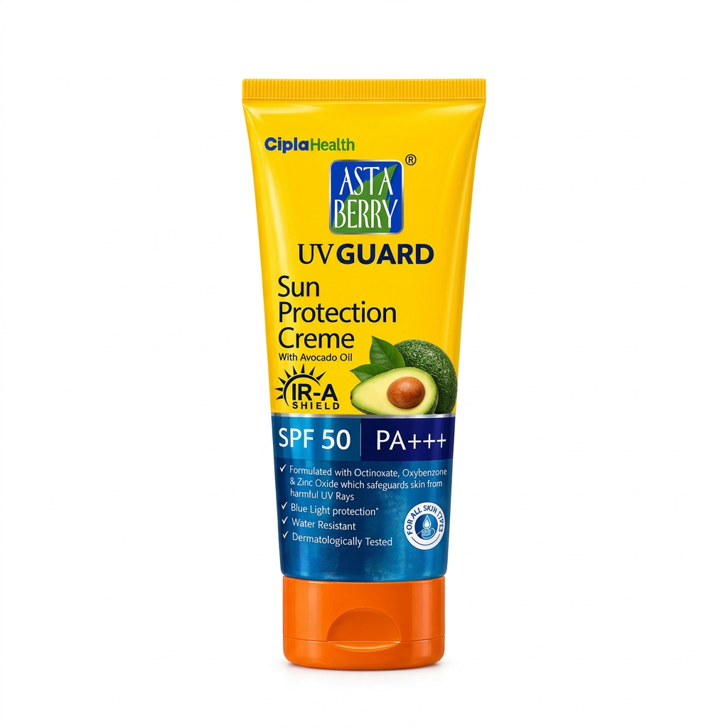 Astaberry UV Guard Sun Protection Creme SPF 50 PA+++ with Avocado Oil 100ml – front packaging