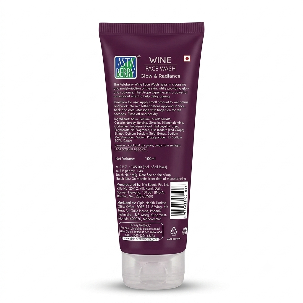Astaberry Wine Face Wash 100ml back packaging showing ingredients and directions