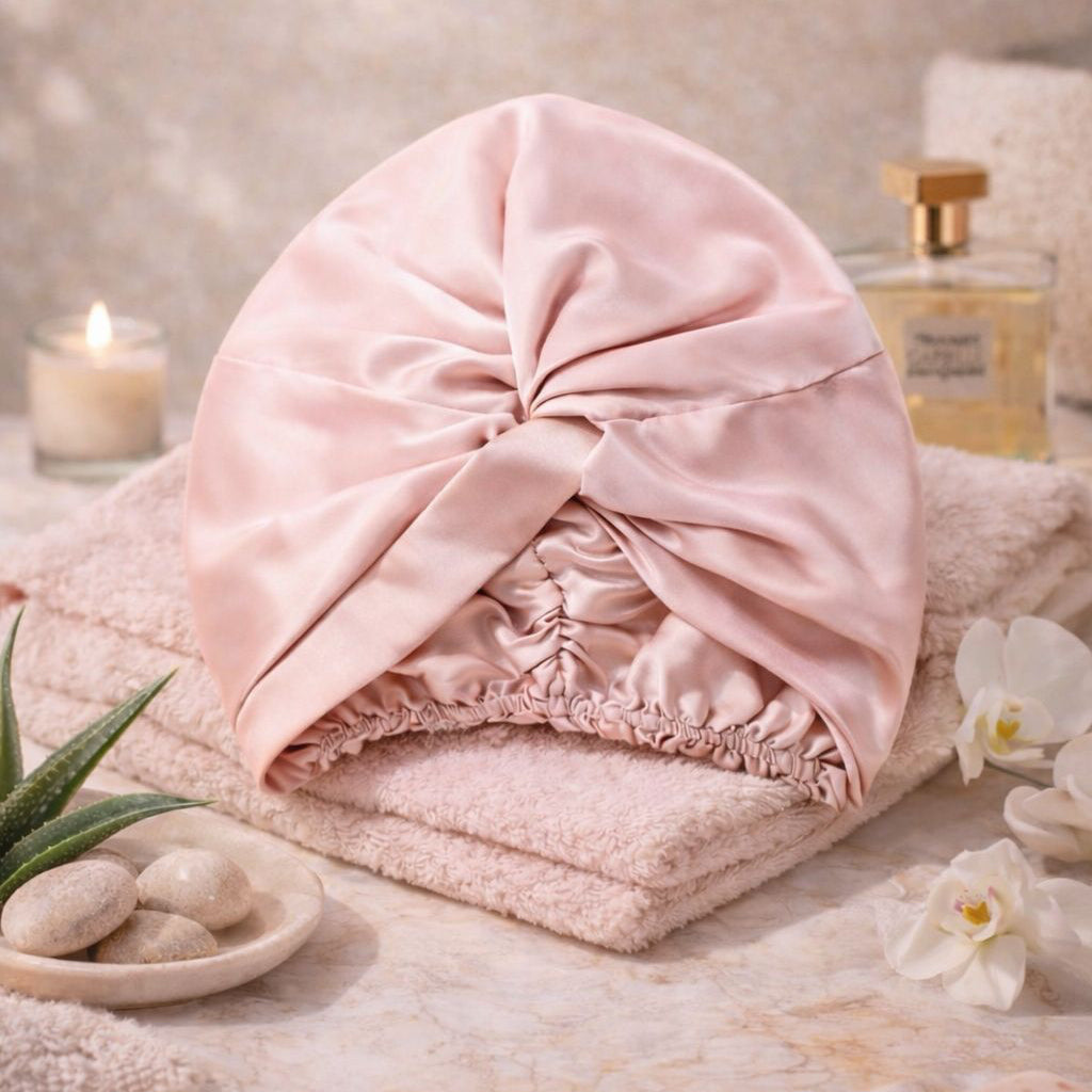 Pink satin hair towel on a decorative surface with candles and flowers