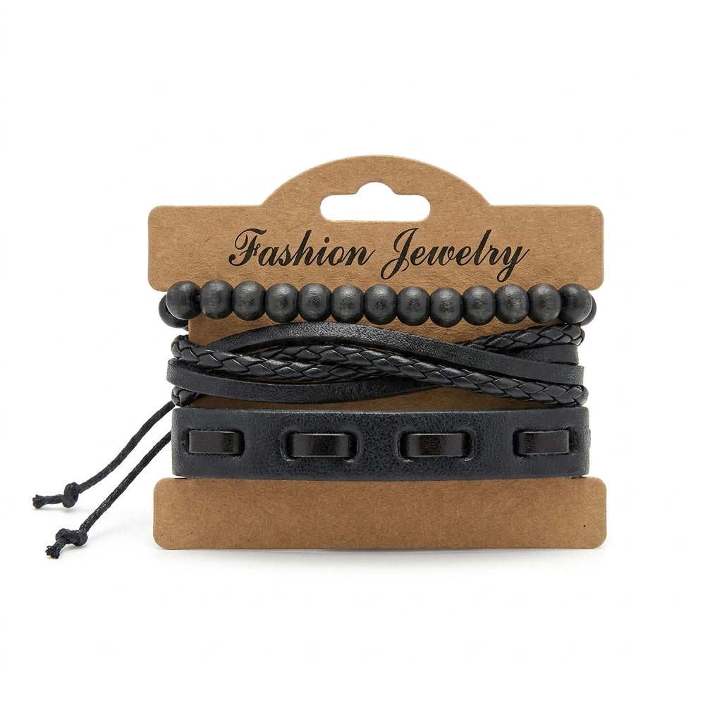 Black braided leather and beaded multi-strand bracelet set on display card