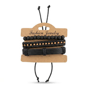 Black braided leather and beaded multi-strand bracelet set on display card