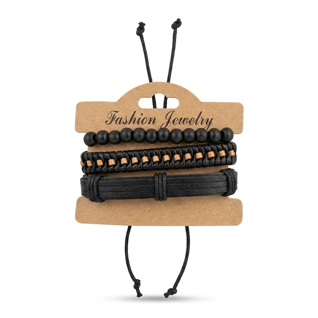 Black braided leather and beaded multi-strand bracelet set on display card