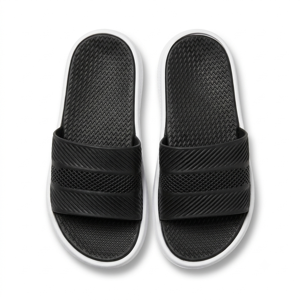 A pair of black slide sandals with textured straps and white soles, shown from a top-down view on a white background.