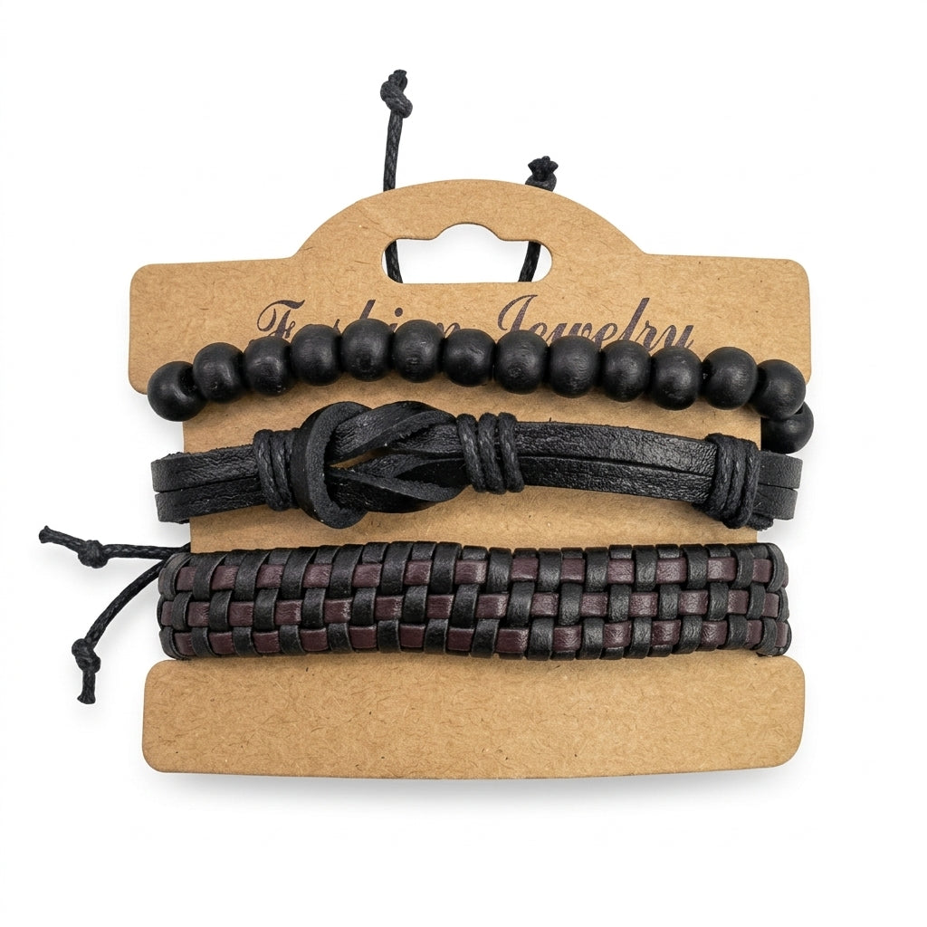 Black knotted leather and bead multi-strand bracelet set on display card