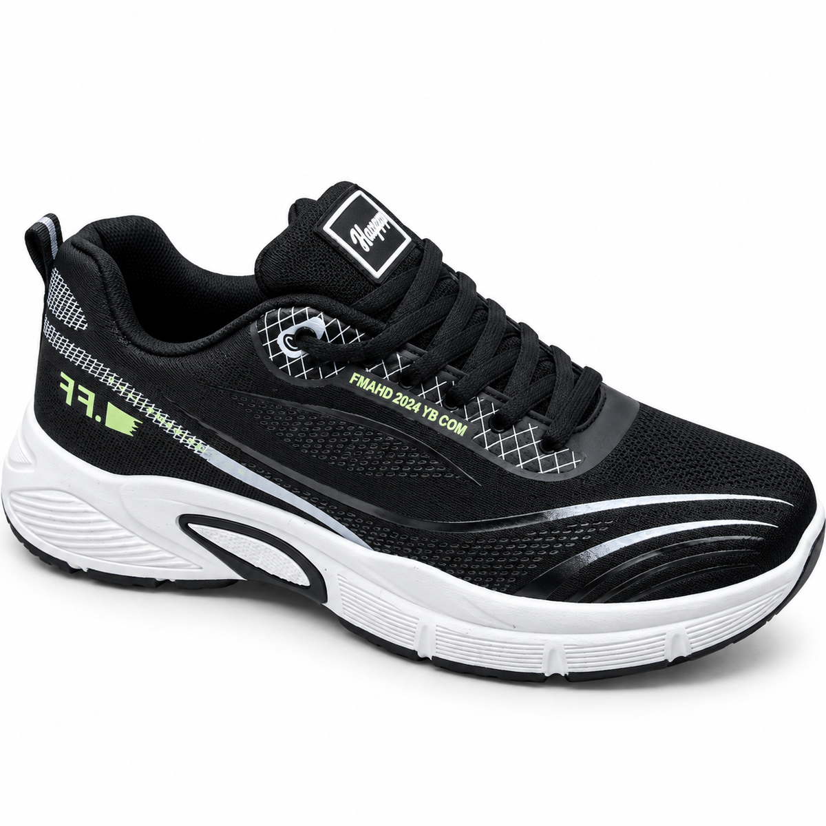 Black lace-up sports sneaker with white sculpted sole
