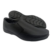 Black men’s slip-on formal shoes with textured upper and patterned outsole