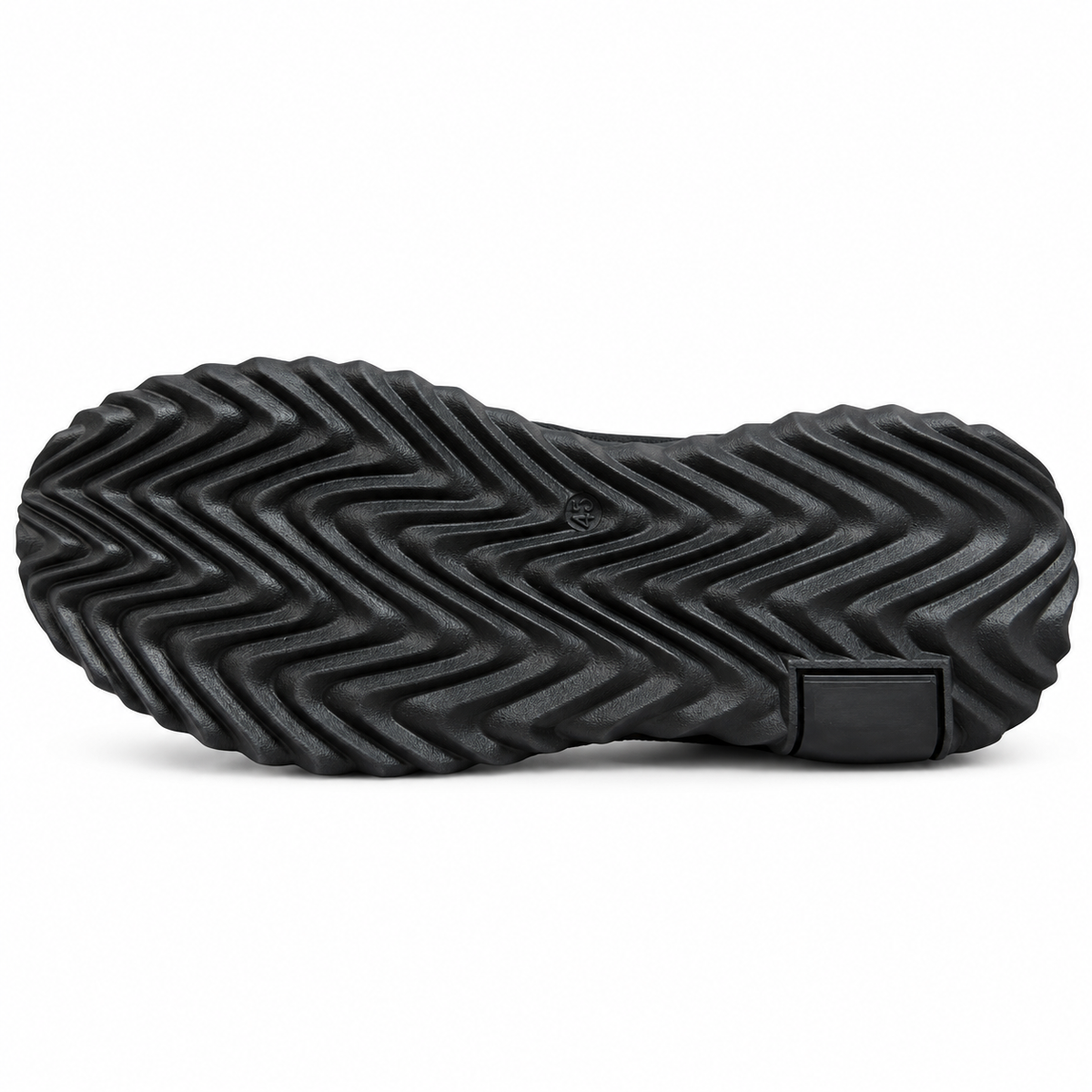Black men’s casual sneaker outsole with directional tread pattern