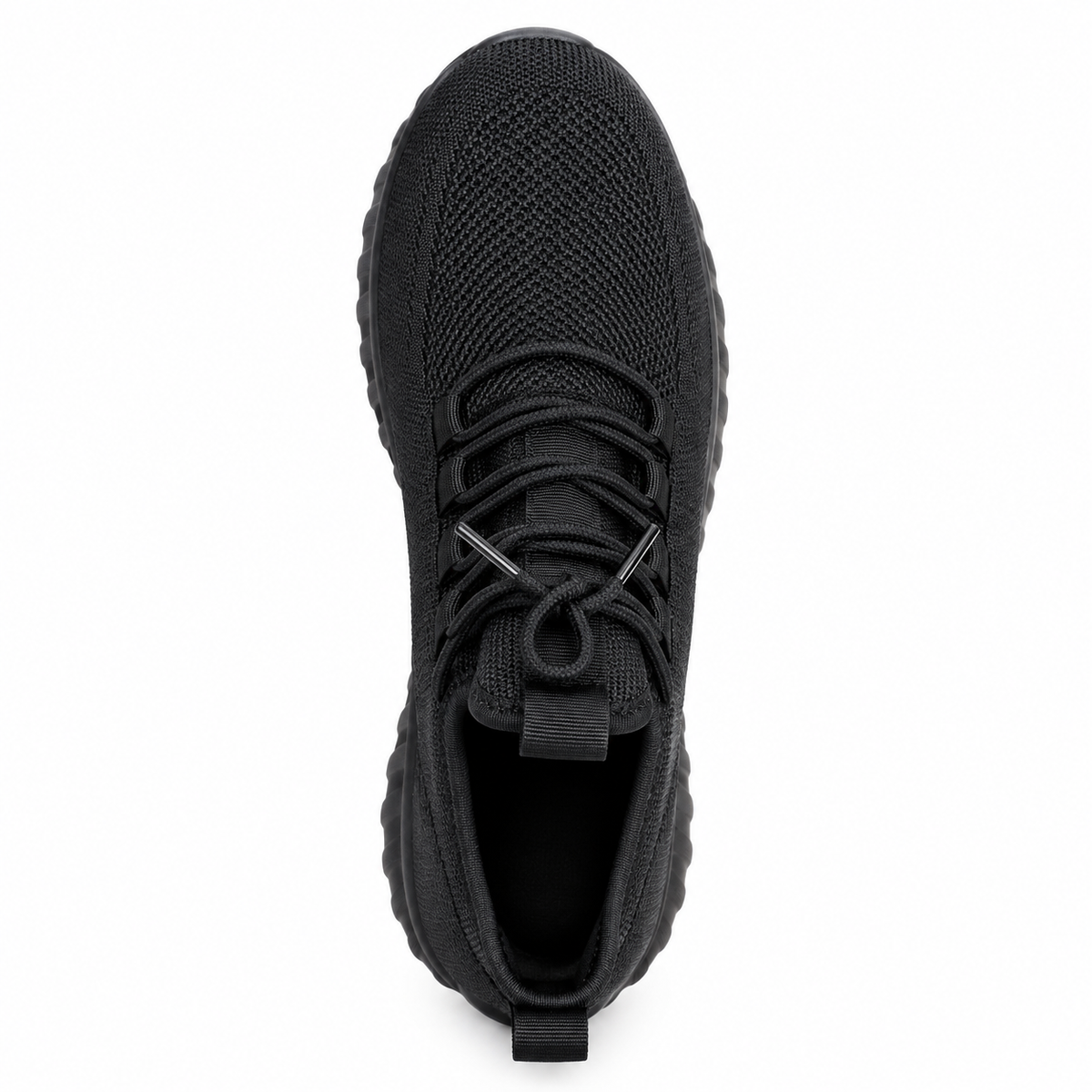 Black men’s knitted casual sneaker top view with lace-up closure