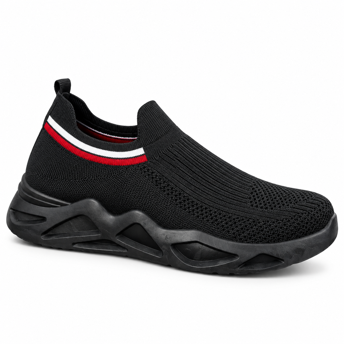 Black men’s knitted slip-on casual sneakers with sculpted sole and striped collar