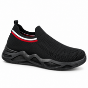 Black men’s knitted slip-on casual sneakers with sculpted sole and striped collar