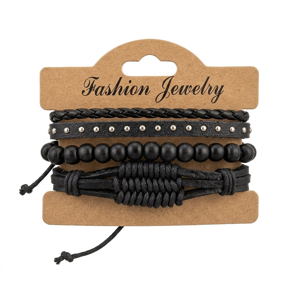 Black studded leather and bead multi-strand bracelet set on display card