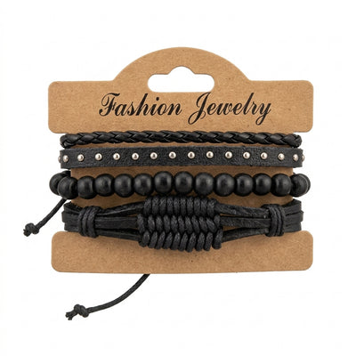 Black Studded Leather Multi-Strand Bracelet Set