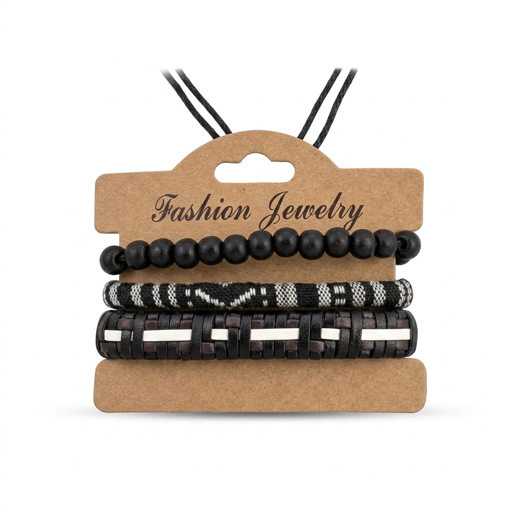 Black multi-strand woven leather and bead bracelet set on display card