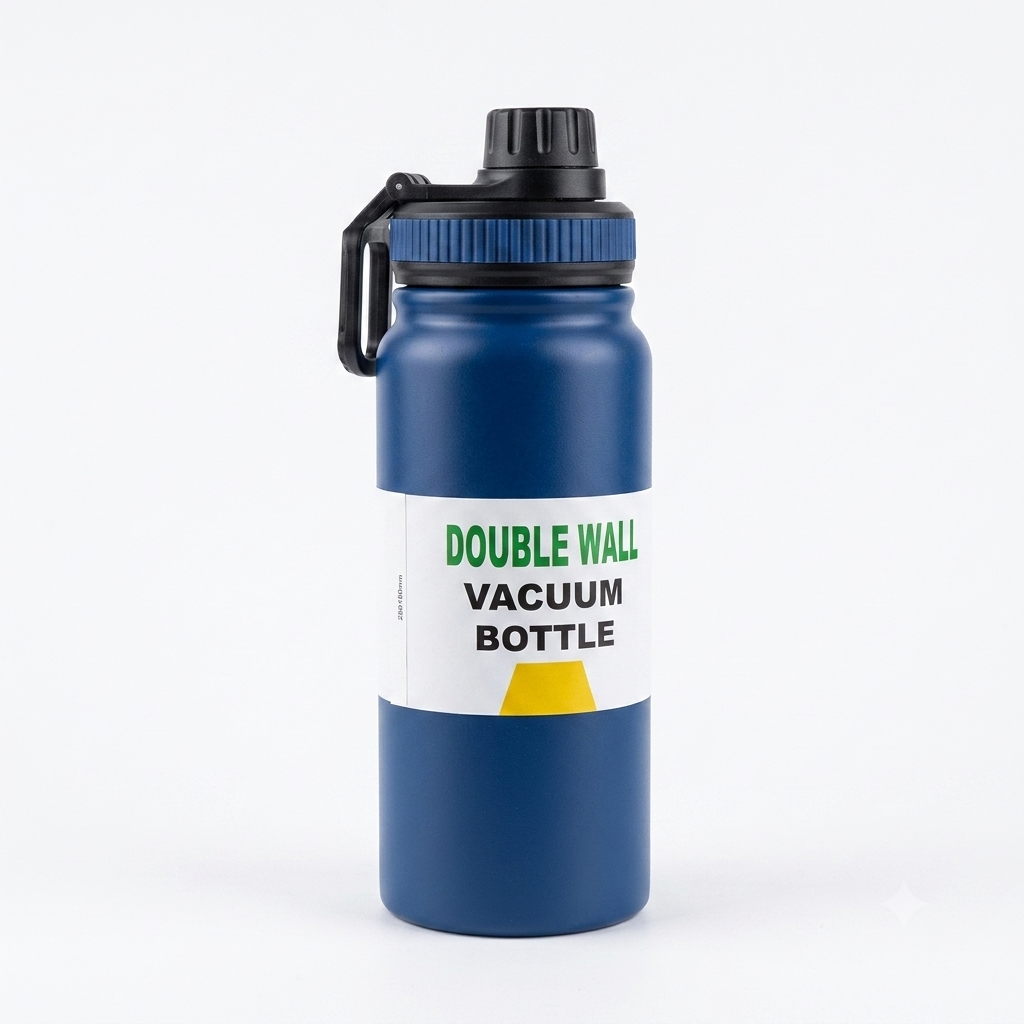A blue double-walled vacuum bottle with a black cap and carrying loop, featuring a white label that reads 'DOUBLE WALL VACUUM BOTTLE' with green and black text.