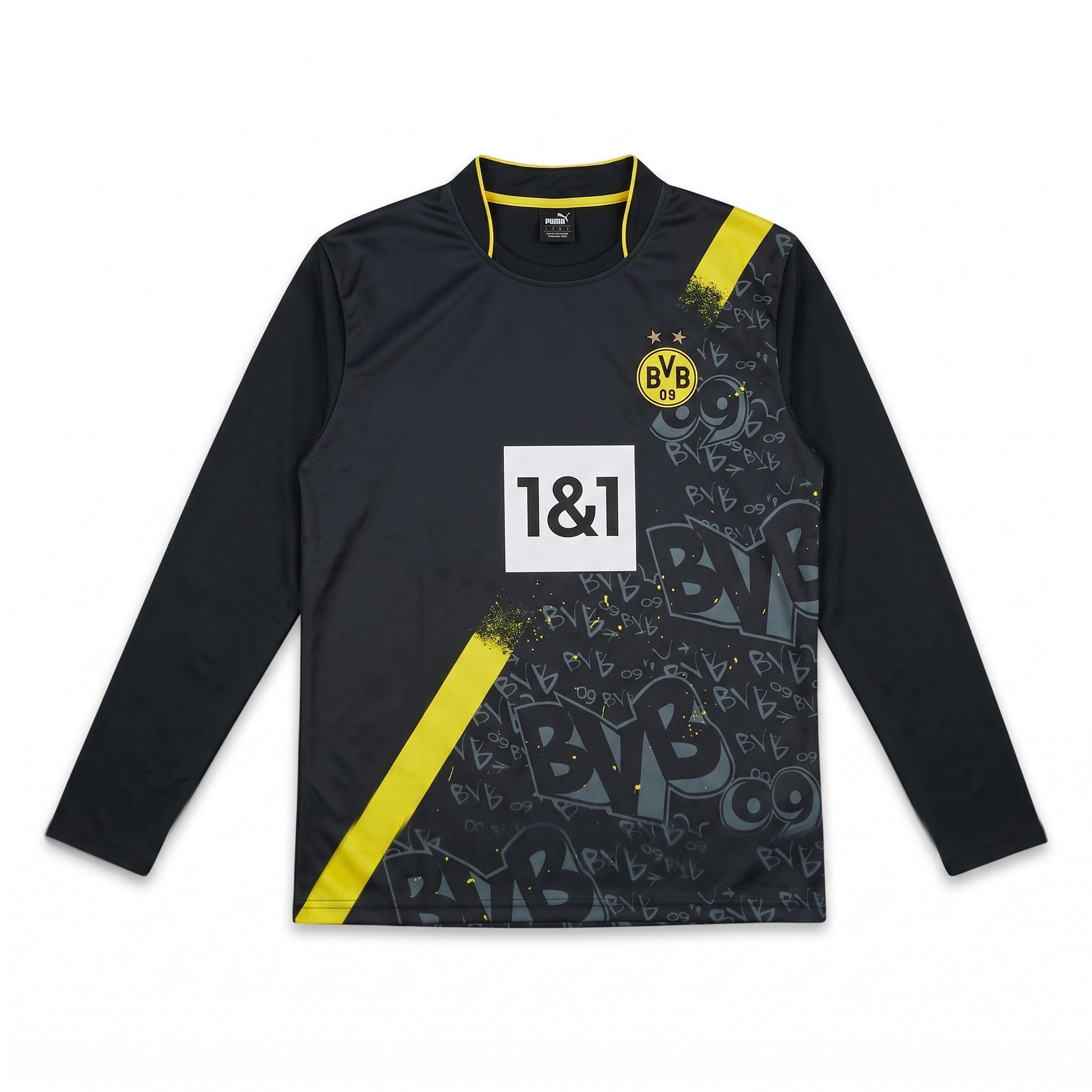 Borussia Dortmund long sleeve black football jersey with BVB crest and graffiti print