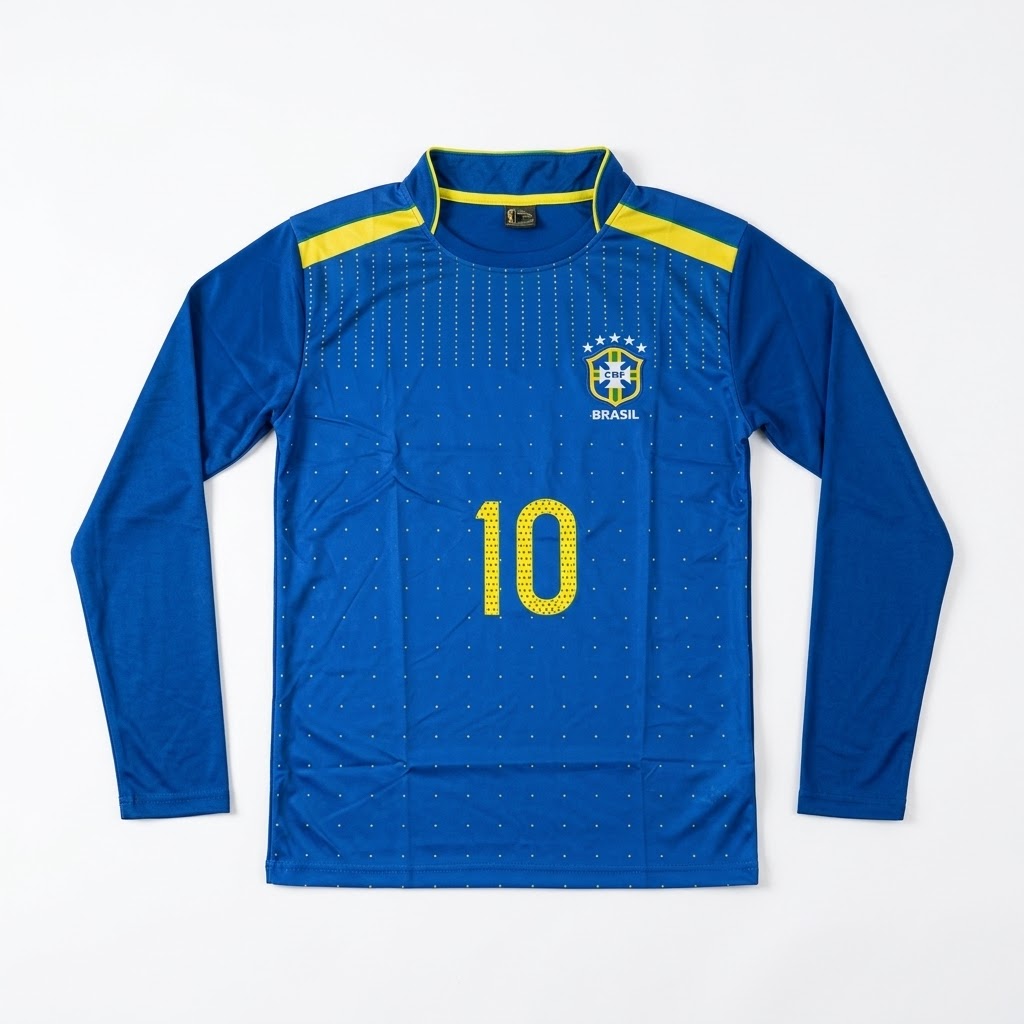A long-sleeve blue soccer jersey with yellow accents, featuring the number 10 on the front, the Brazil crest, and yellow shoulder stripes, laid flat against a white background.