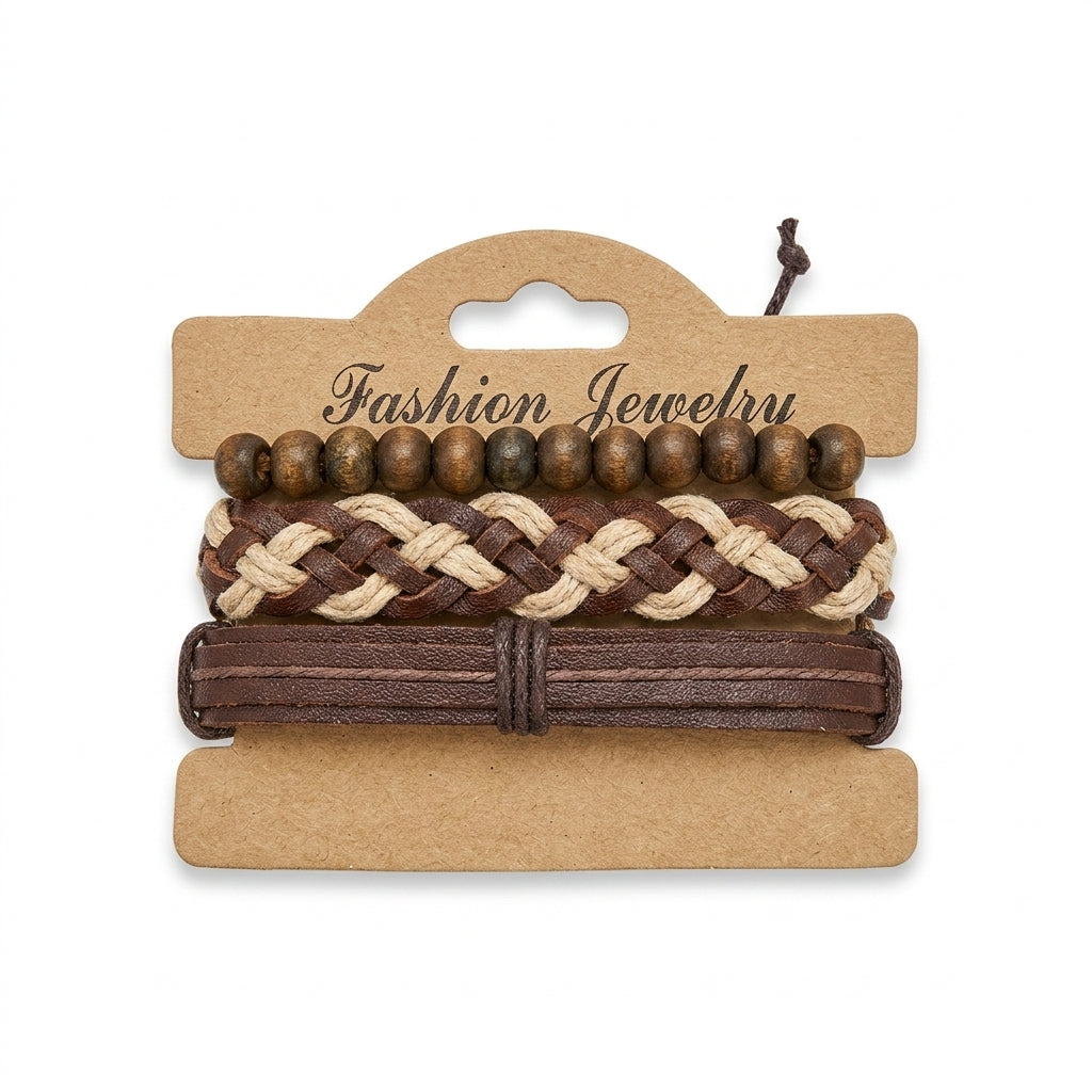 Brown and beige woven leather multi-strand bracelet set on display card