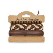 Brown and beige woven leather multi-strand bracelet set on display card