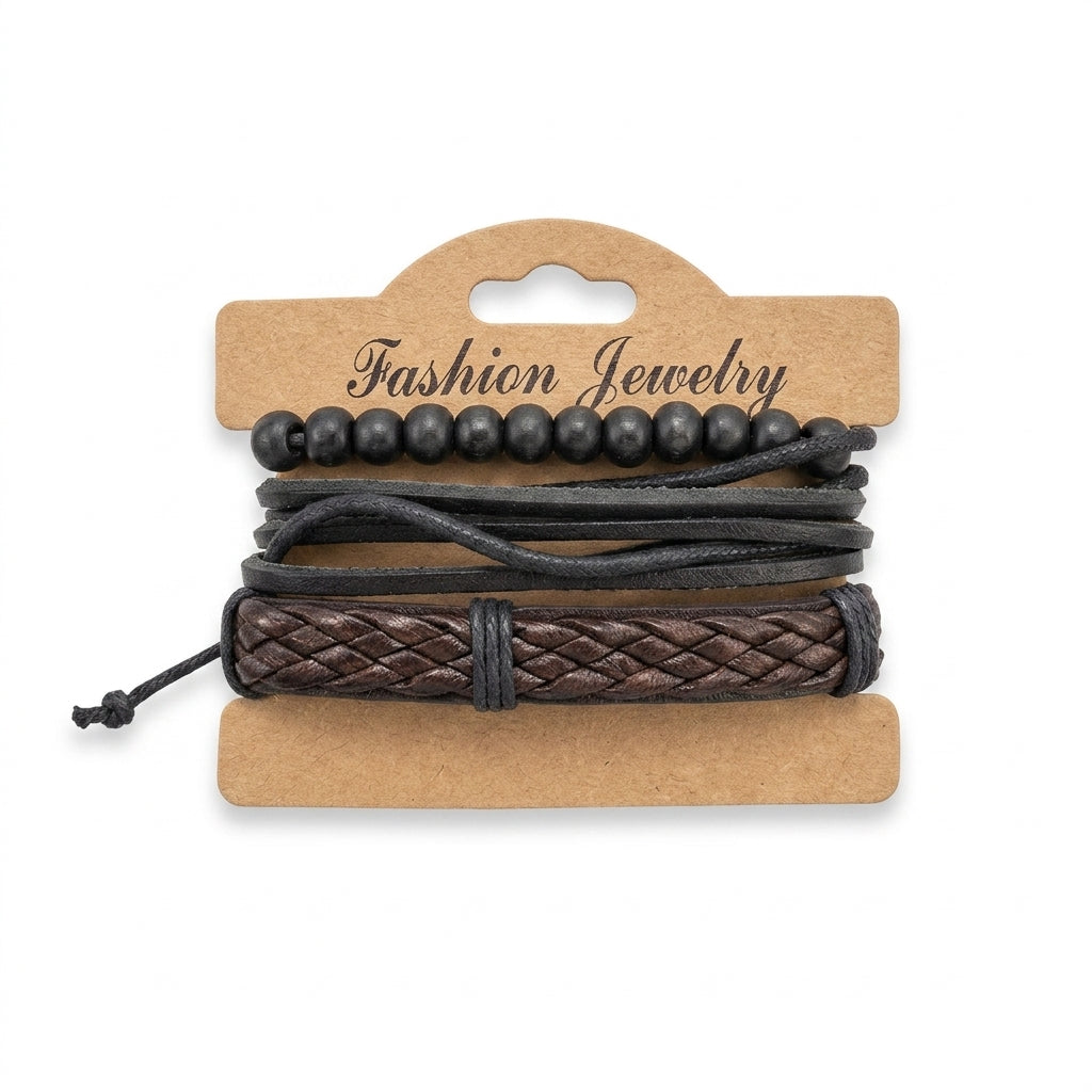 Brown and black woven leather multi-strand bracelet set on display card