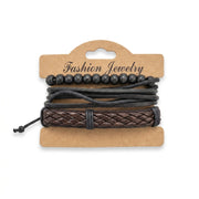 Brown and black woven leather multi-strand bracelet set on display card