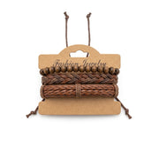 Brown braided leather and wooden bead multi-strand bracelet set on display card