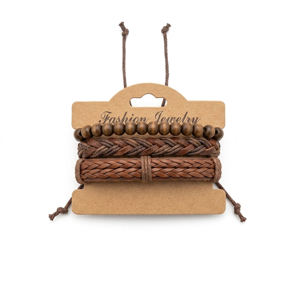 Brown braided leather and wooden bead multi-strand bracelet set on display card