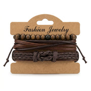 Brown braided leather knot and wooden bead multi-strand bracelet set on display card