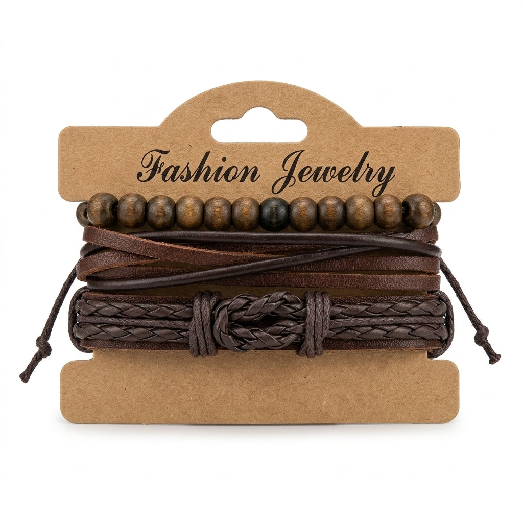 Brown braided leather knot and wooden bead multi-strand bracelet set on display card