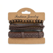 Brown braided leather and wooden bead multi-strand bracelet set on display card