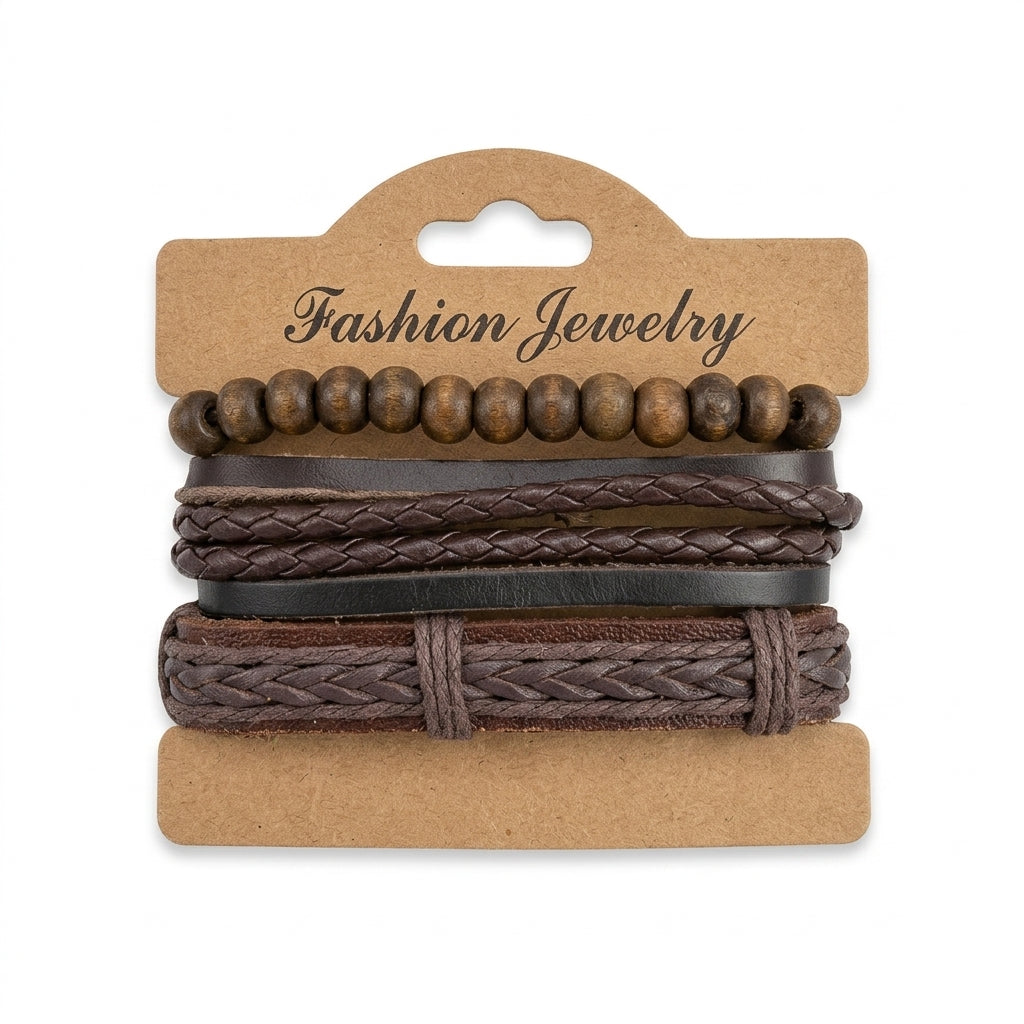 Brown braided leather and wooden bead multi-strand bracelet set on display card