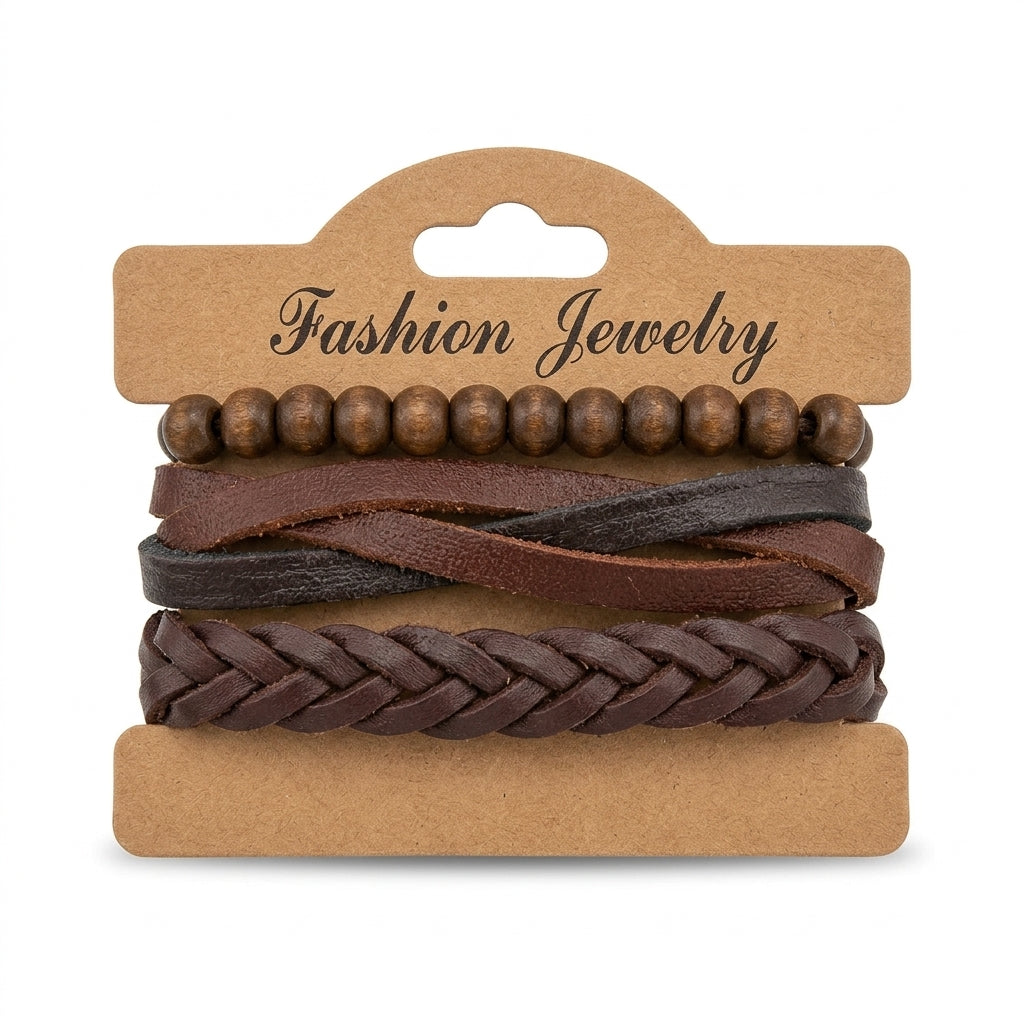 Brown multi-strand leather and wooden bead bracelet set on display card