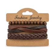Brown multi-strand leather and wooden bead bracelet set on display card