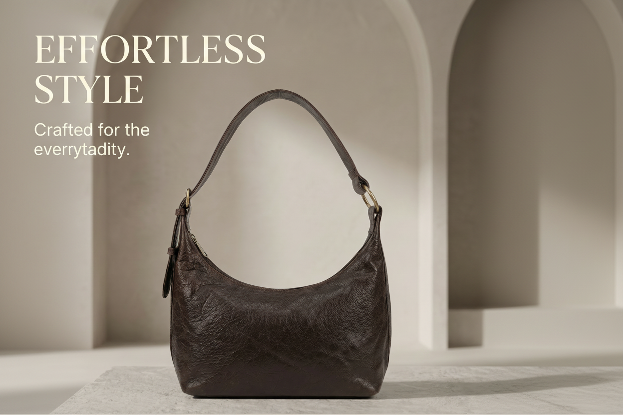Brown leather handbag with 'Crafted for Everyday Elegance' text on a neutral background