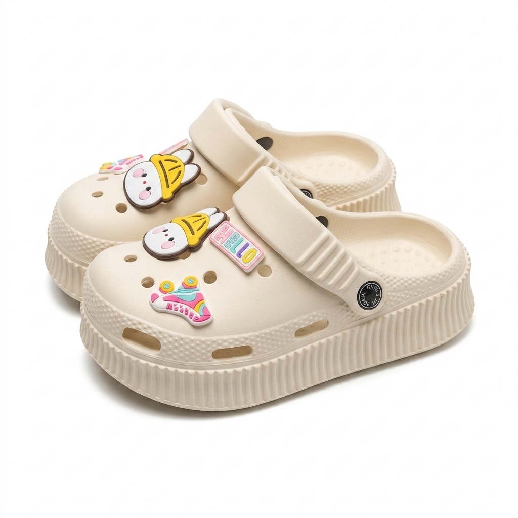 A pair of cream-colored toddler clogs decorated with colorful cartoon charms, shown on a clean white background.