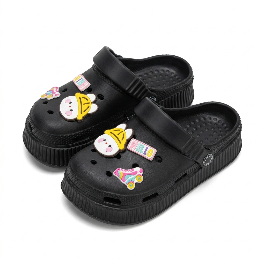 A pair of black foam clogs with decorative cartoon charms, shown on a clean white background.