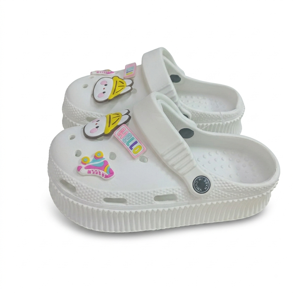 A pair of white children's clogs decorated with colorful cartoon charms, shown on a clean white background.
