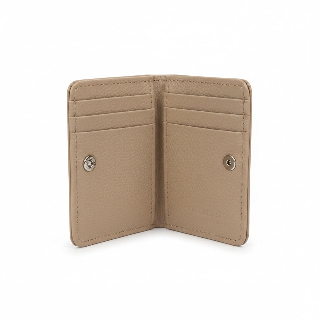Slim beige leather card holder wallet showing interior card slots and an exterior clear ID window for daily use