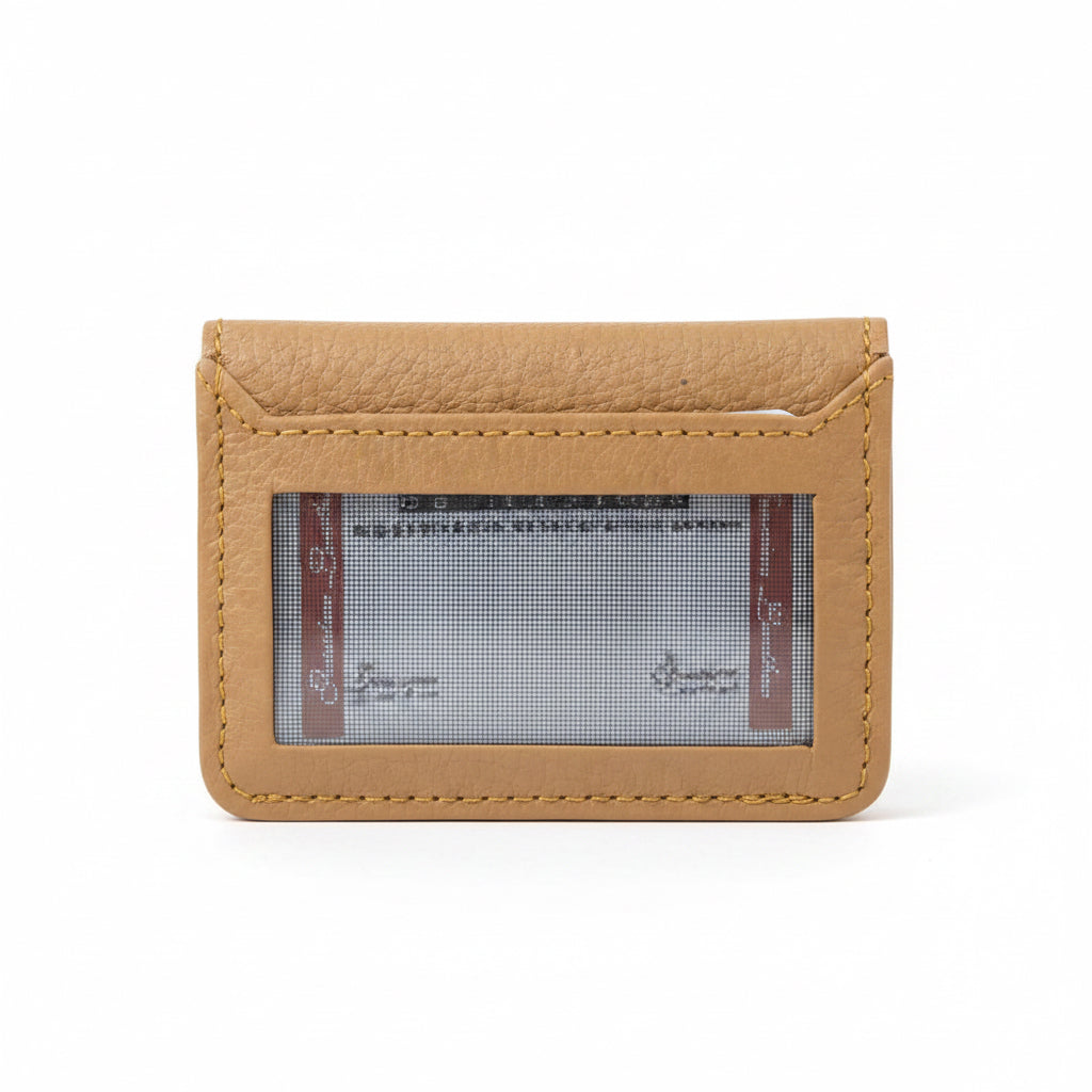 Slim brown leather card holder wallet showing interior card slots and an exterior clear ID window for daily use