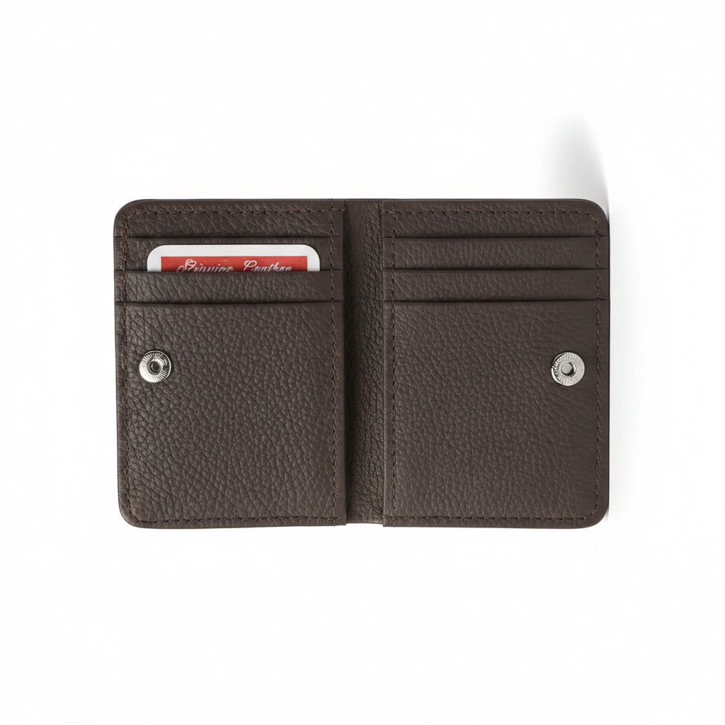 Slim leather card holder wallet showing interior card slots and an exterior clear ID window for daily use