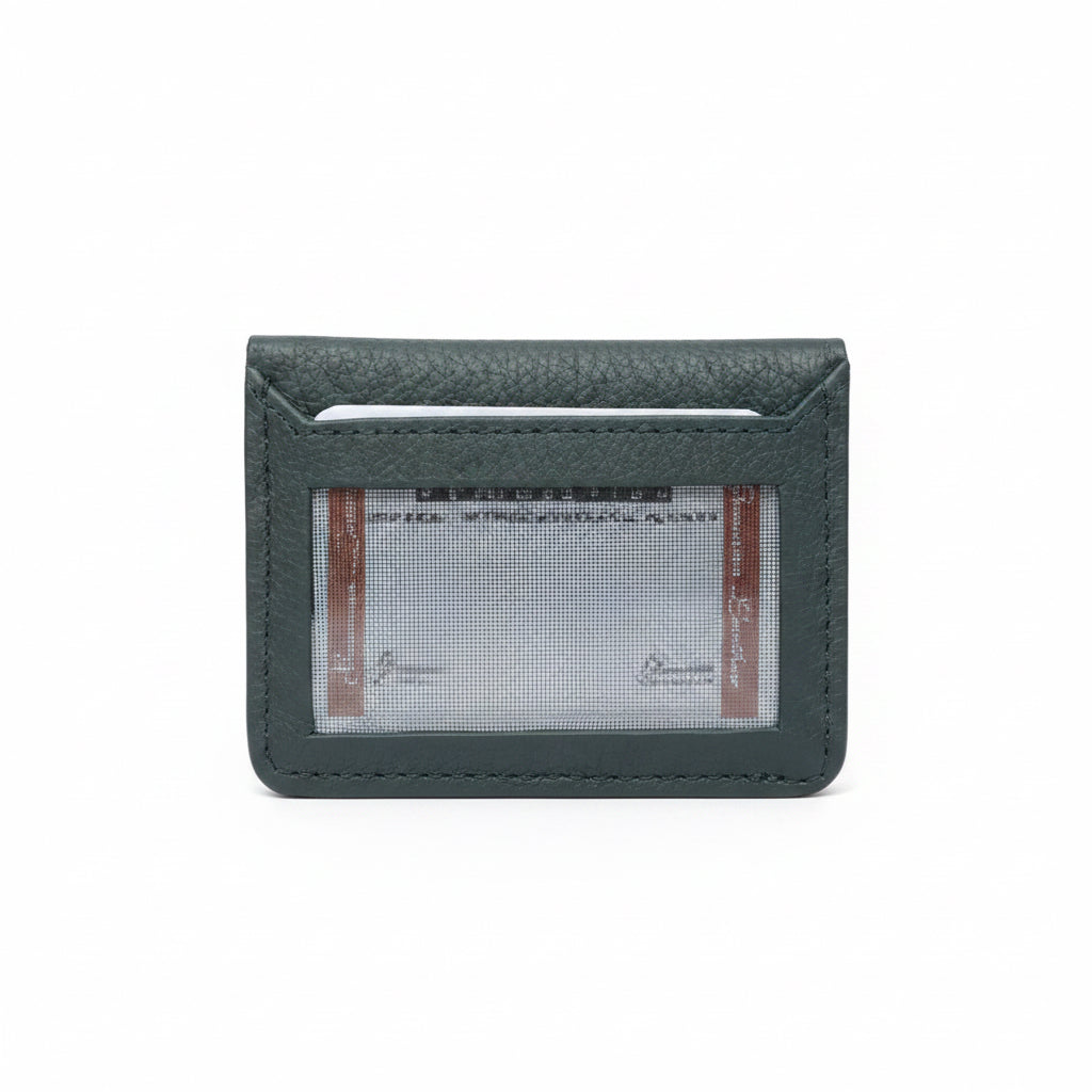 Slim green leather card holder wallet showing an exterior clear ID window for daily use