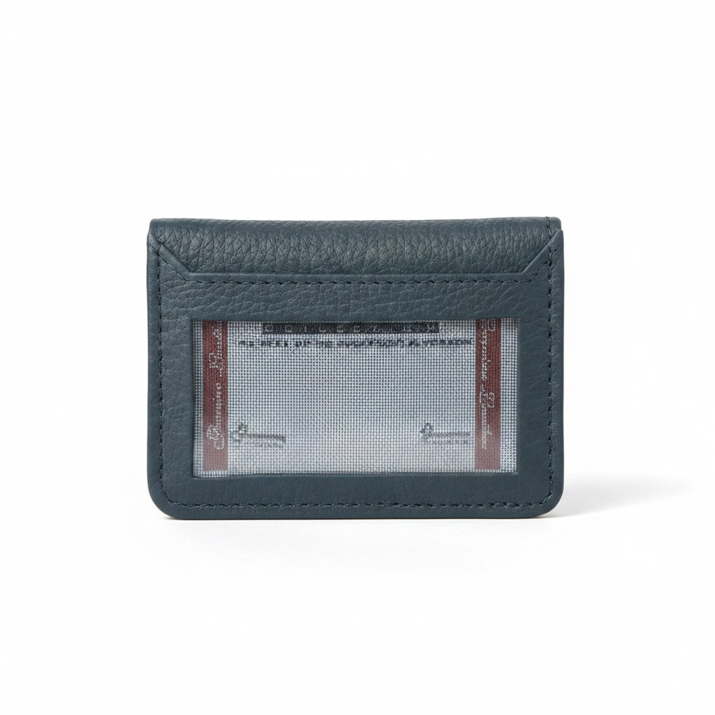 Slim green leather card holder wallet showing interior card slots and an exterior clear ID window for daily use