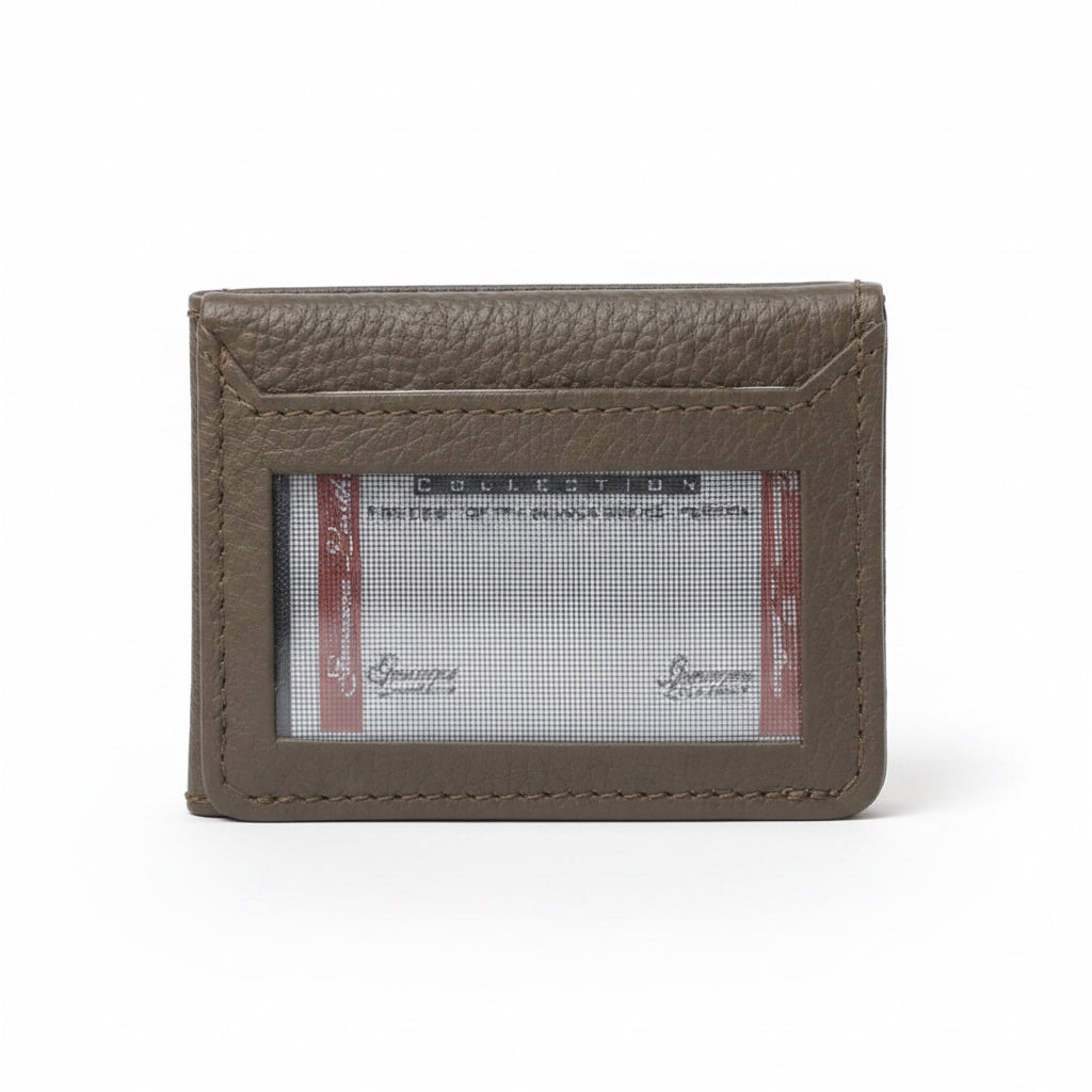Slim leather card holder wallet showing  exterior clear ID window for daily use