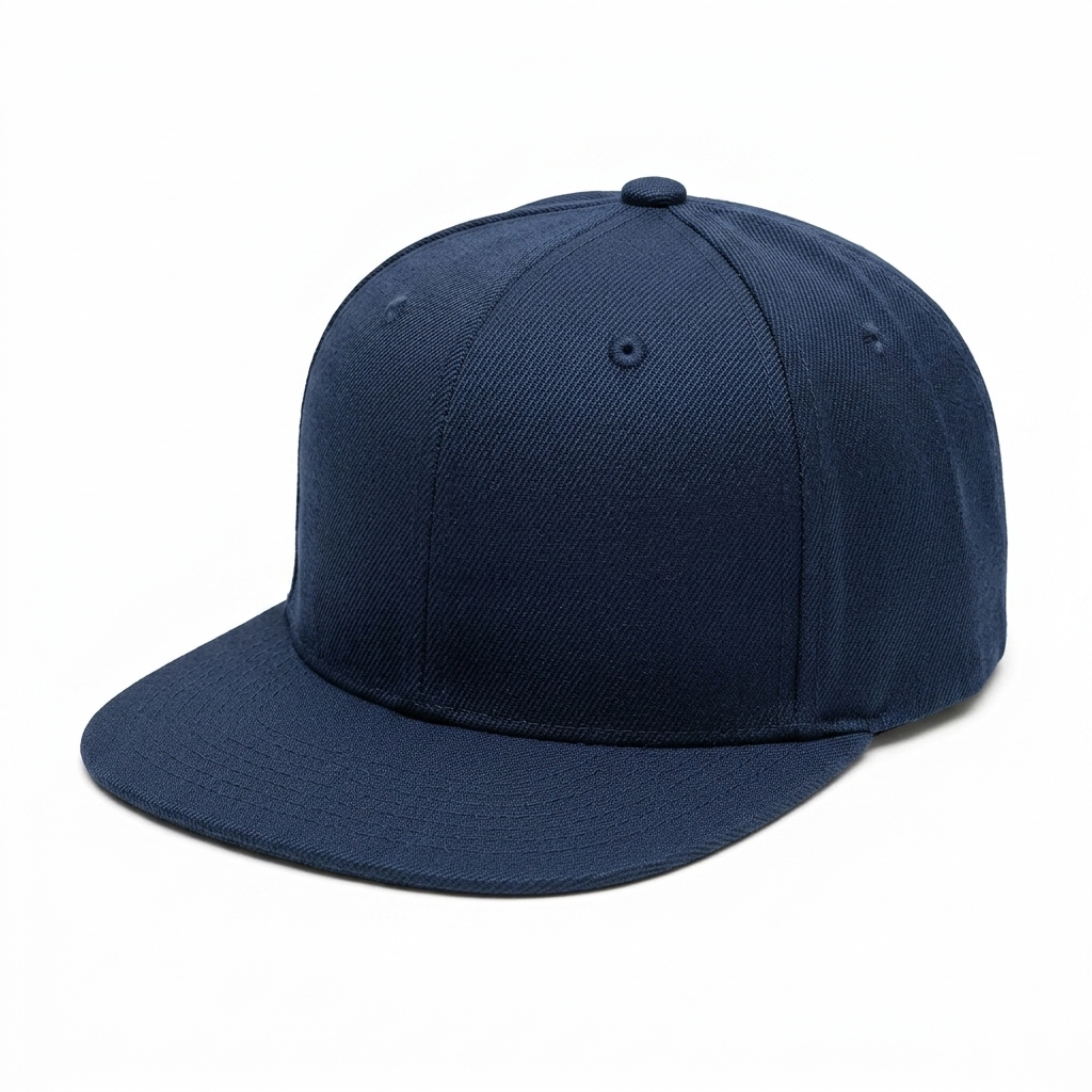 A classic six-panel flat-brim baseball cap in solid navy blue, photographed from a three-quarters angle on a clean white background.