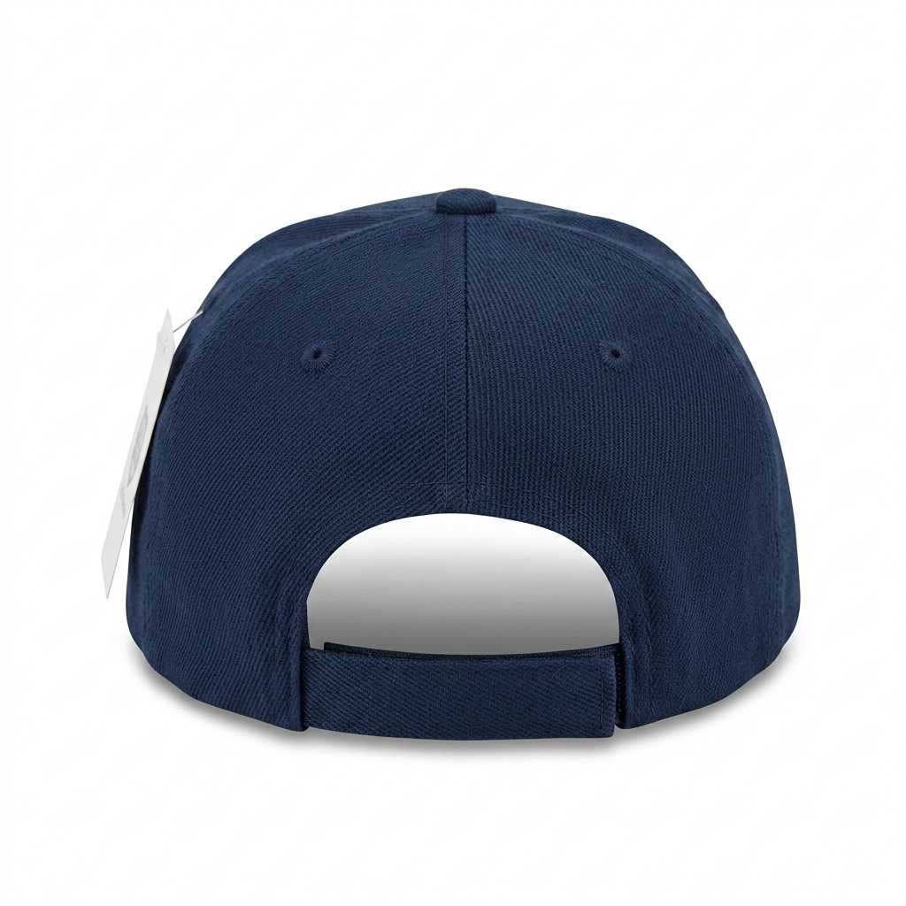 The back view of a navy blue baseball cap with an adjustable strap and a white hangtag attached, set against a plain white background.