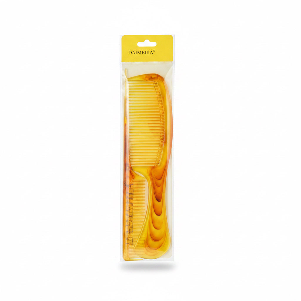 Daimeiia yellow amber resin hair comb set in clear plastic packaging front view