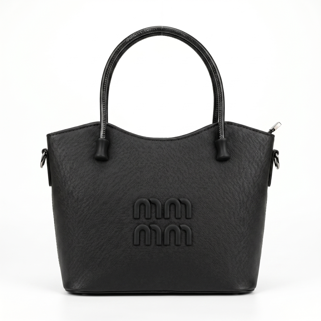 Black handbag with a brand logo on a white background