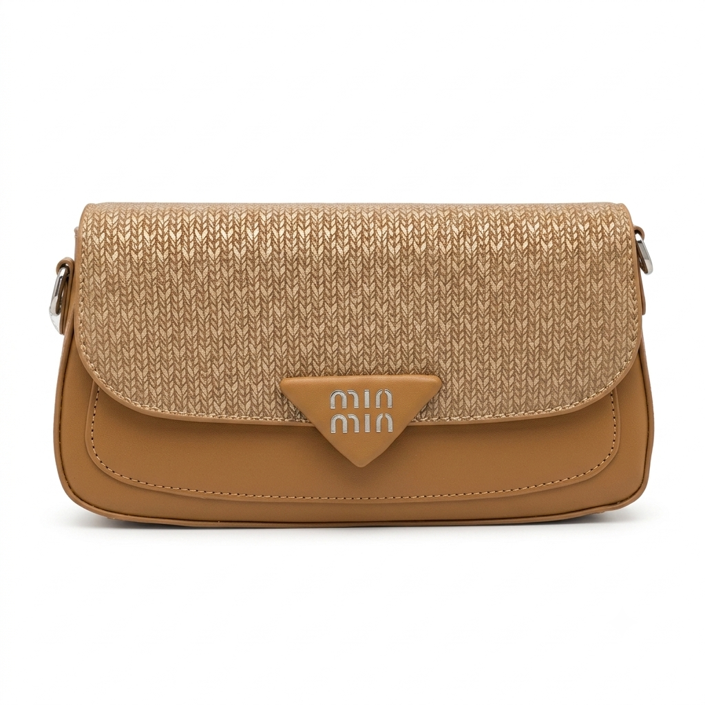 elegant tan woven shoulder bag with chevron flap and triangular emblem