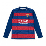FC Barcelona long sleeve striped football jersey featuring club crest and Qatar Airways sponsor logo