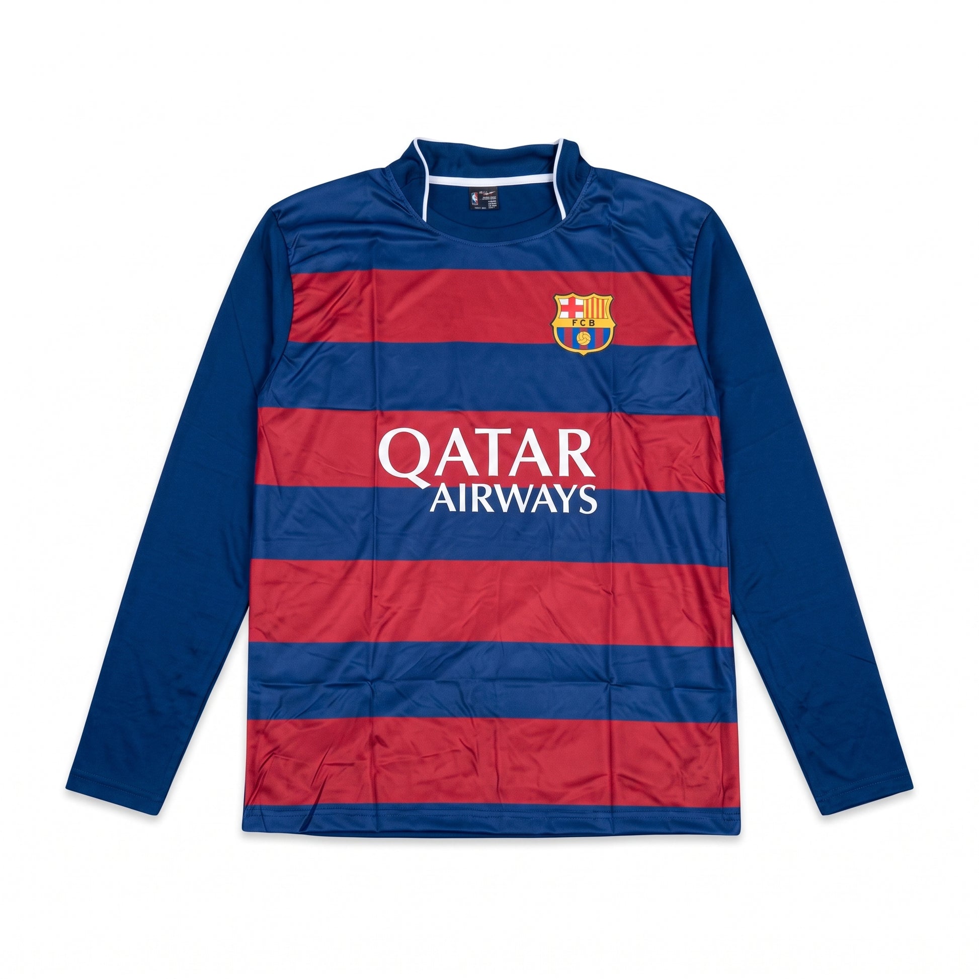 FC Barcelona long sleeve striped football jersey featuring club crest and Qatar Airways sponsor logo